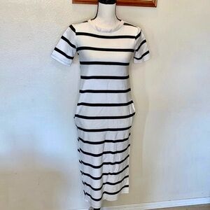 Ovi White with Black Stripes Midi Shirt Dress Pockets